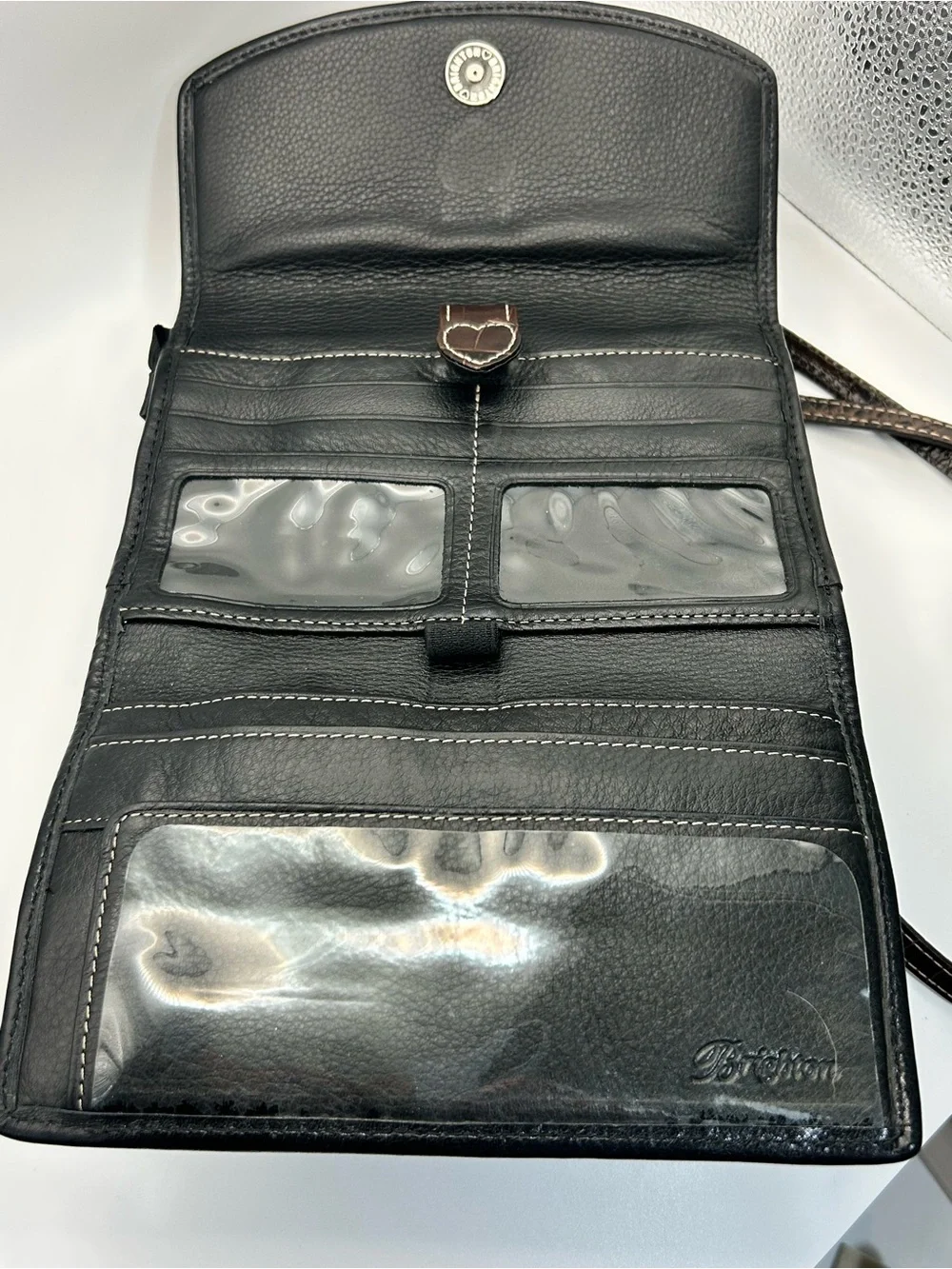 Brighton Vintage Pebble Leather Crossbody Purse Two-tone Black Brown Organizer - Picture 8 of 16